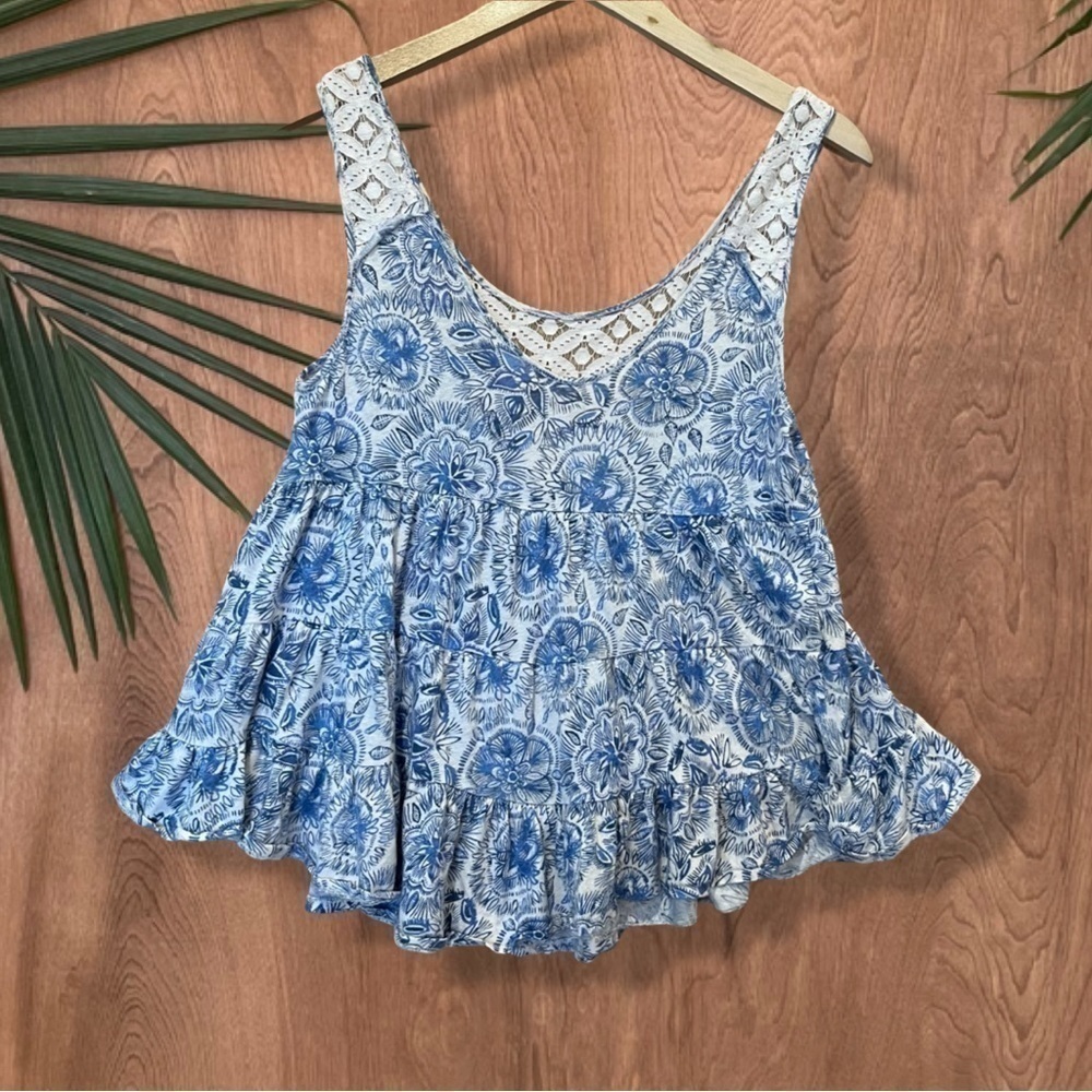 Free People Boho Blue Floral Tunic with crochet trim -  Size Medium - Picture 10 of 12